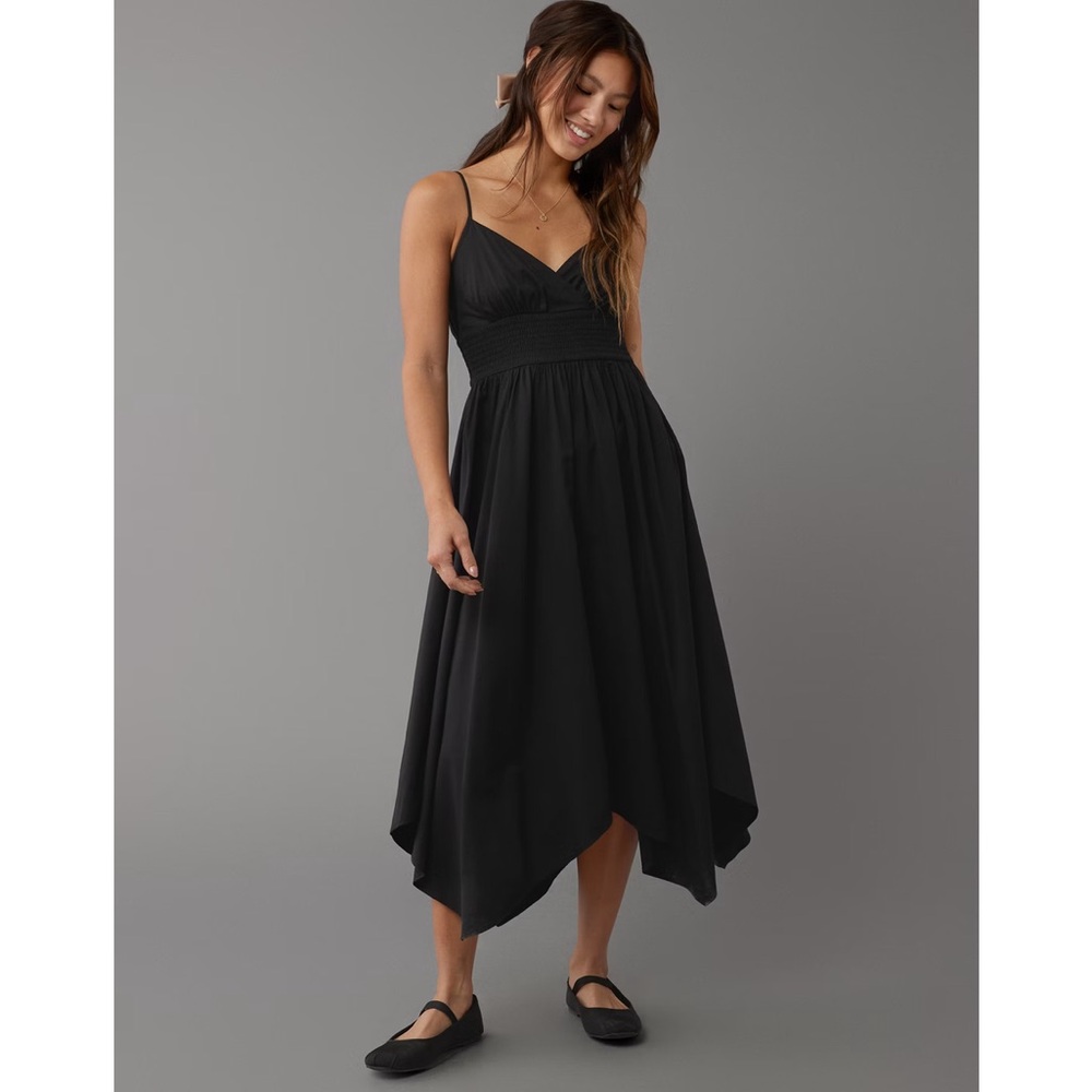 AE Black Asymmetrical flowy sleeveless handkerchief hem midi dress NWT